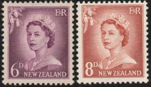 New Zealand 1955-59 Defin 6d & 8d lightly mounted mint. SG 750-751. Cat £8,50. (2018)