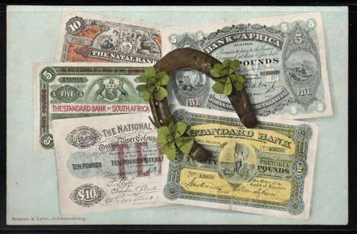 South Africa `Braune & Levy` unused postcard - Picture of five bank notes.