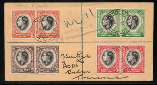South West Africa 1937 Coronation KGVI set of 8 on two registered covers from Windhoek to Brakpan.