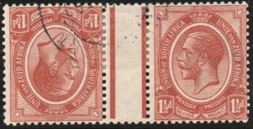 South Africa 1913 KGV 1½d tête-bêche gutter pair very fine used. SACC 4c. Cat R1200. (2019-20)