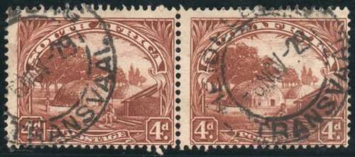 South Africa 1927 London Pictorial 4d horizontal pair perf down very fine used. SACC 35a / SG 35bc.