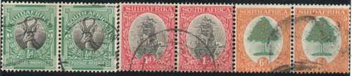 South Africa 1926 London Pictorial set of 3 pairs Pretoria Printing vfu. SACC 29P-31P. SG 30-31.