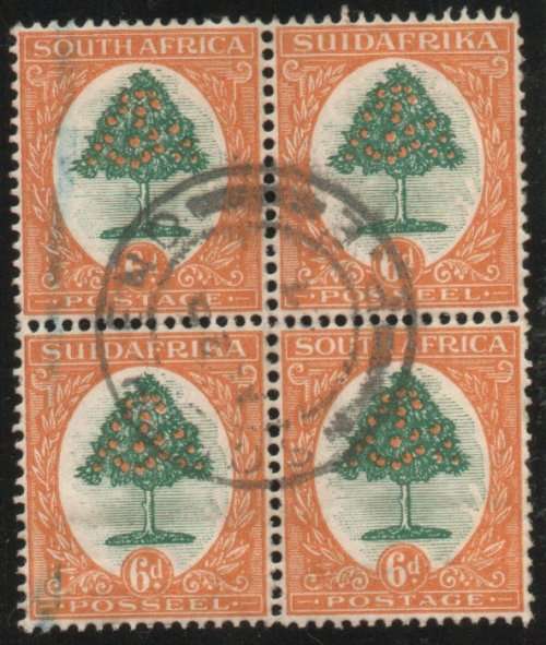 SOUTH AFRICA 1926 DEFIN 6d PRETORIA PRINTING BLOCK OF 4 VFU. SACC 31P. CAT R900. (2019-20)