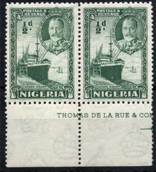 Nigeria 1936 KGV defin ½d part inscriptional pair unmounted mint. SG 34. Cat £3 for mm. (2018)