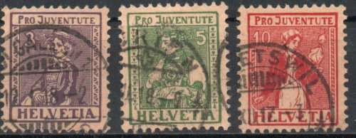 SWITZERLAND 1917 "PRO JUVENTUTE" SET OF 3 VFU. SG J6-J8. CAT 117 POUNDS.
