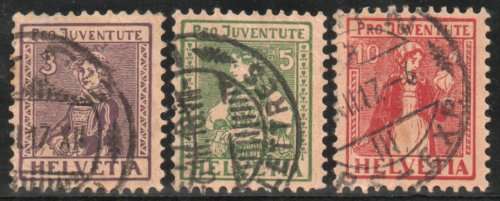 SWITZERLAND 1917 "PRO JUVENTUTE" SET OF 3 VFU. SG J6-J8. CAT 117 POUNDS.