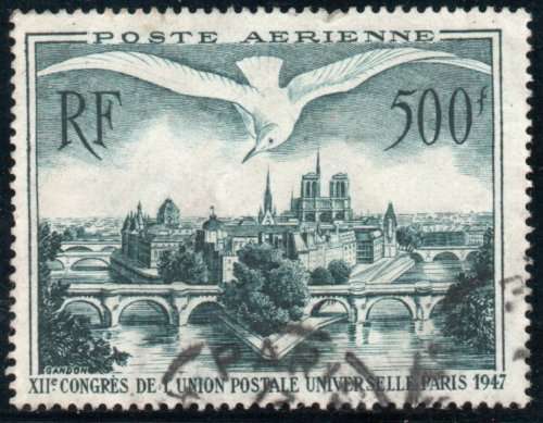 France 1947 12th U.P.U. Congress 500f slate-green (Air) fine used. SG 1013. Cat £75 (2015)