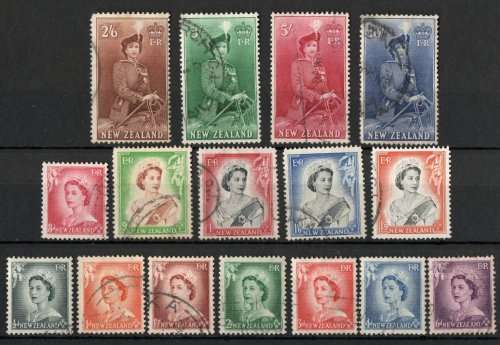 New Zealand 1953 Definitive part set of 16 fine used. SG 723-29, 731-36. Cat £31,50 (2018)