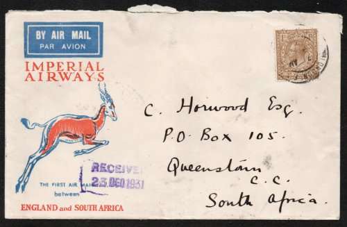 England 1931 First Xmas Air Mail Flight Cover to Queenstown South Africa. Very fine.