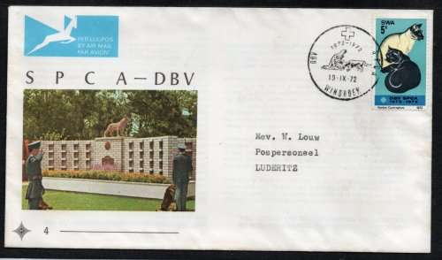 South West Africa 1972 SPCA FDC No 4 fine used minor stains. SACC 244. Cat R200.