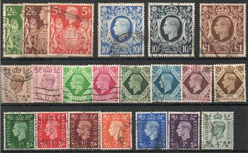 Great Britain 1937-48 KGVI definitive set of 21 very fine used. SG 462-478b. Cat £70.