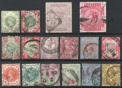 Great Britain 1887 QV Jubilee basic set of 14 plus 1883 2/6d & 5/- fine-vfu. SG 197-211, 178 & 180.