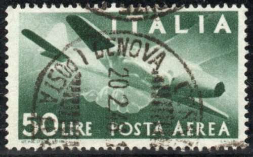 Italy 1945 "Air" 50L green very fine used. SG 677. Cat £21 (2013)
