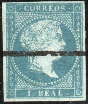 Spain 1855 Queen Issabella II 1R blue wmark Loops Type I very fine used 4 margin. SG 61. Cat £25.