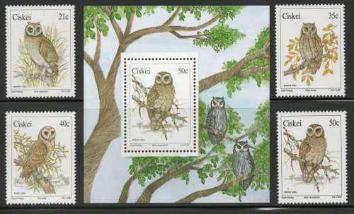 Ciskei 1991 Owls set of 4 and mini sheet unmounted mint. SACC 183-186a. Cat R168. (2023-25)