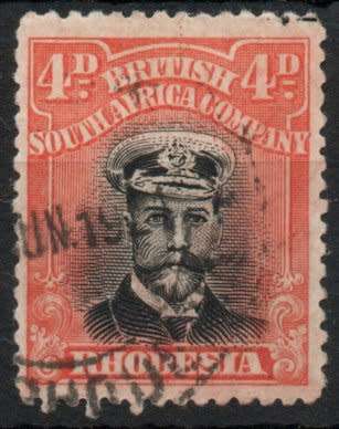 Rhodesia 1913 Admiral defin 4d black & orange-red perf 14 Die IIIB vfu. SG 261. Cat £14. (2022)