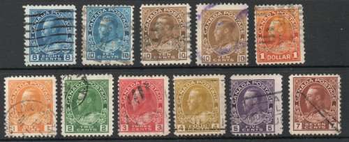 Canada 1922-31 Definitive set of 10 plus 10c shade fine - vfu. SG 246-255. Cat £47,80 (2018)