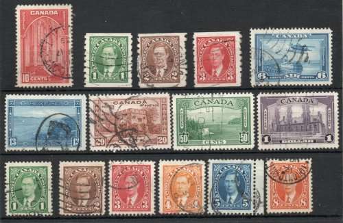 Canada 1937-38 Definitive set of 12 plus 3 coils vfu. SG 357-371. Cat £56,75 (2018)