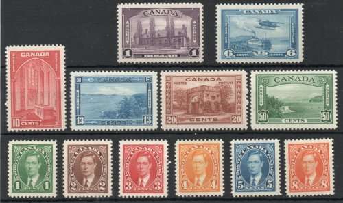 Canada 1937-38 Definitive set of 11 & 6c Air clean mounted mint. SG 357-367 & 371. Cat £200 (2018)