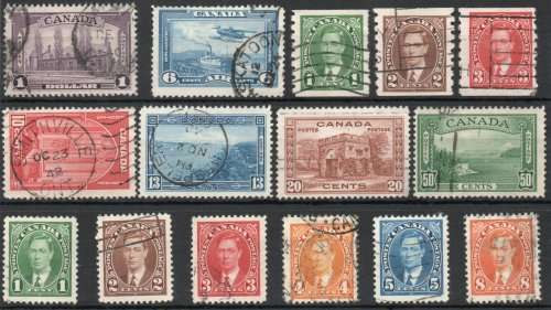 Canada 1937-38 Definitive set of 12 plus 3 coils vfu. SG 357-371. Cat £56,25 (2018)