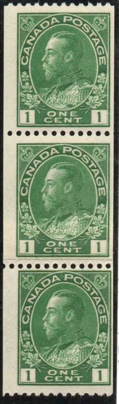 Canada 1911-22 coil stamps 1c yellow-green perf 12 x imperf strip of 3 with paper join umm. SG 216.