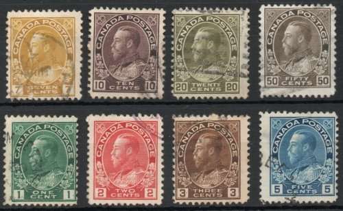 Canada 1911-22 defin set of 8 very fine used. Between SG 196-215. Cat £14,50 as cheapest (2018)