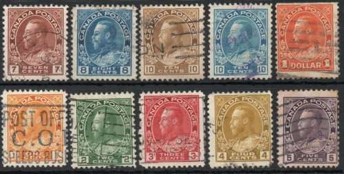 Canada 1922-31 Defin set of 10 fine - very fine used. Between SG 246-55. Cat £38 as cheapest (2018)