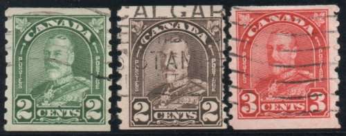 Canada 1930-31 Definitive 3 coil stamps very fine used. SG 306, 308, 309. Cat £16,50 (2018)