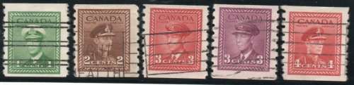 Canada 1942 War Effort set of 5 coil stamps very fine used. SG 389-393. Cat £22 (2018)