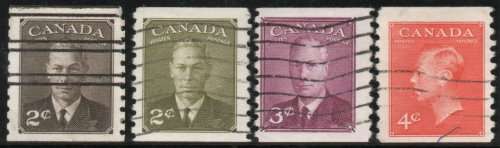 Canada 1949 Defin part set of 4 coil stamps very fine used. SG 420, 420a, 421 & 422a. Cat £17,50.