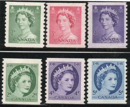 Canada 1953 & 1954 QEII 2 sets of 3 coil stamps lmm. SG 455-7 & 469-71. Cat £9,50 (2018)