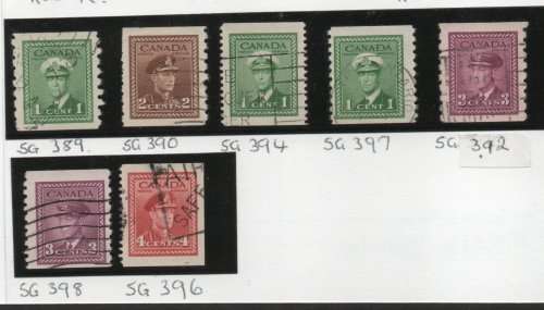 Canada 1942 War Effort 7 coil stamps fine - very fine used. Cat £28,75 (2018)