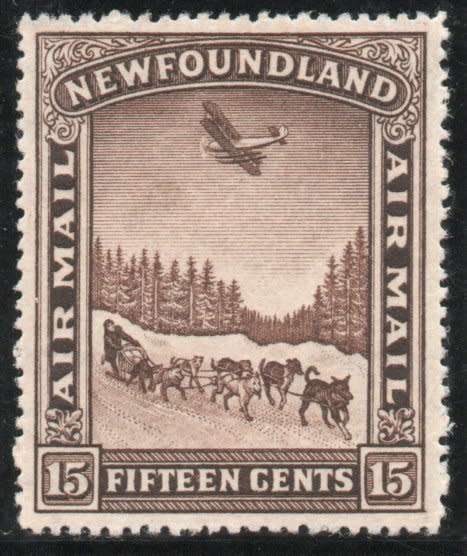 Canada Newfoundland 1931 Air 15c chocolate with wmk mm. Aeroplane & dog team. SG 195. Cat £13 (2018)