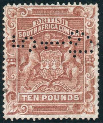 Rhodesia 1892 Defin £10 brown fine fiscally used (perfined) SG 13. Cat for postally used £700 (2018)