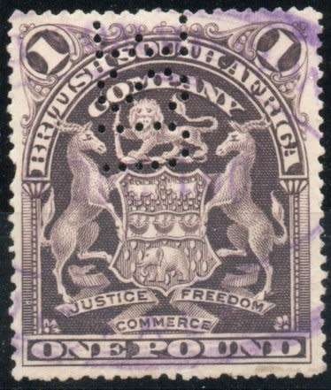 Rhodesia 1898-1908 Defin £1 fine fiscally used (perfined) SG 90. Cat for postally used £170 (2018)