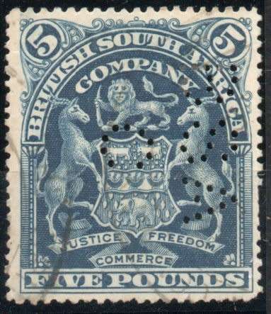 Rhodesia 1898-1908 Defin £5 deep blue fiscally used (perfined) SG 92. Cat postally used £2500 (2018)