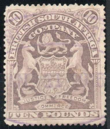Rhodesia 1898-1908 Defin £10 lilac fiscally used. SG 93. Cat postally used £2250 (2018)