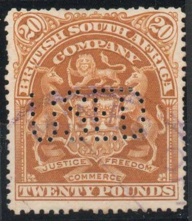 Rhodesia 1898-1908 Defin £20 yellow-bistre fiscally used. SG 93a. SACC 88. Barefoot 18 Cat £65(2012)