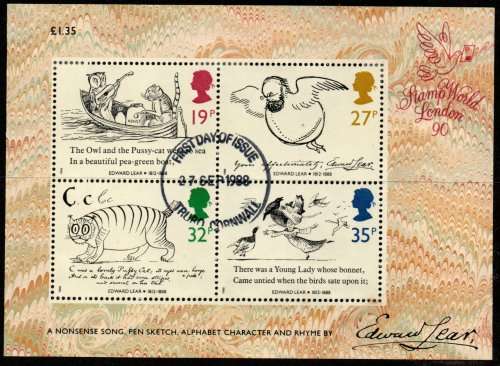 Great Britain 1988 Death Cent of Edward Lear set of 4 and mini sheet very fine used. SG 1405-1409.