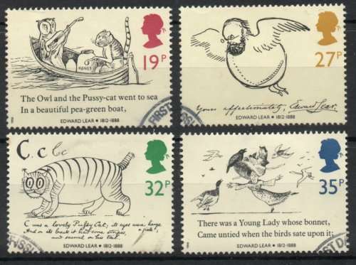 Great Britain 1988 Death Cent of Edward Lear set of 4 and mini sheet very fine used. SG 1405-1409.