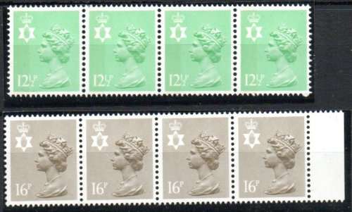 Northern Ireland 28.2.84 12½p & 16p perf 15 x 14 strips of 4 umm SG NI 36a & NI 47a. Cat £34 (2018)