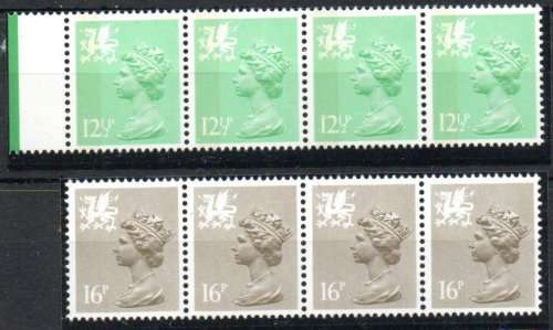 Wales 10.1.84 12½p & 16p perf 15 x 14 strips of 4 umm. SG W37a & W47a. Cat £15,40 (2018)