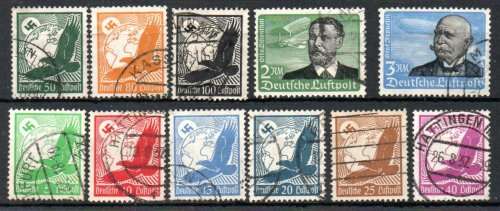 GERMANY 1934 AIR SET OF 11 VFU EXCEPT 3DM MINOR SURFACE RUB. SG 526-536. CAT 107 GBP.