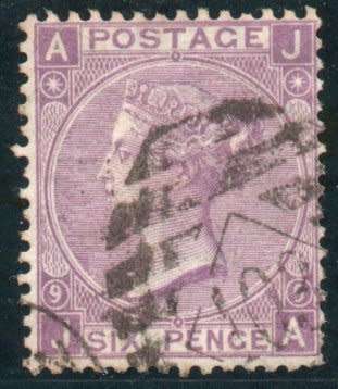 Great Britain 1867-80 QV 6d mauve (without hyphen) very fine used Plate 9. SG 109. Cat £90 (2018)