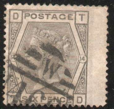 Great Britain 1873-80 QV 6d grey very fine used Plate 14. SG 147. Cat £90 (2018)