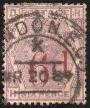 Great Britain 1880-83 QV 6d on 6d lilac plate 18 fine used. SG 162. Cat £150 (2018)