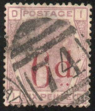 Great Britain 1880-83 QV 6d on 6d lilac plate 18 fine used. SG 162. Cat £150 (2018)