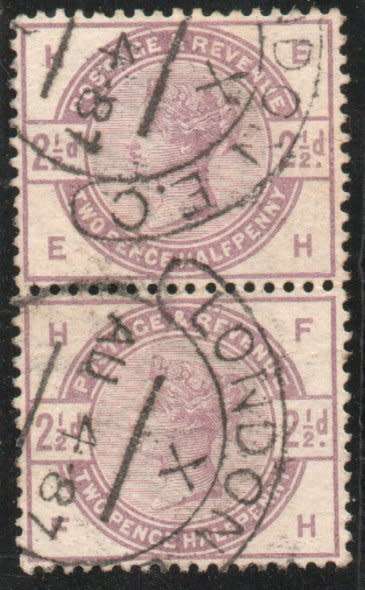 Great Britain 1883-4 QV 2½d lilac pair very fine used. SG 190. Cat £40 (2018)