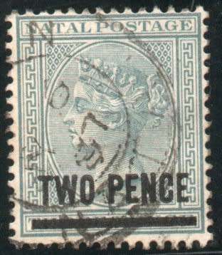NATAL 1886 SURCHARGE 2d ON 3d GREY VFU. SACC 101. CAT R75 (SACC 2019-20).