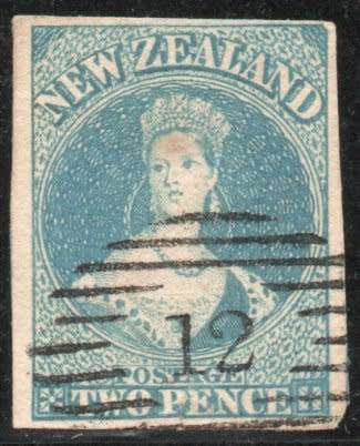 New Zealand 1857-63 imperf 2d blue no watermark 4 margins fine used. SG 10. Cat £180 (2018)